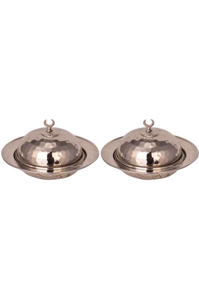 El yapımı bakır şekerlik — Bakır Saka Yuvarlak Lokumluk 11 cm El Dövme 2'li Takım Nikel — yan görünüm — BakırBul