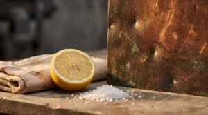 Kararmış bakır yüzeyin yanında limon, tuz ve yumuşak bez — geleneksel parlatma malzemeleri — BakırBul