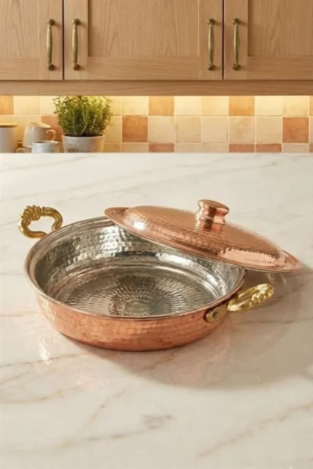 El yapımı bakır tava — Beyoğlu Kapaklı Tava 4 No 24 Cm El Dövme Kırmızı — BakırBul