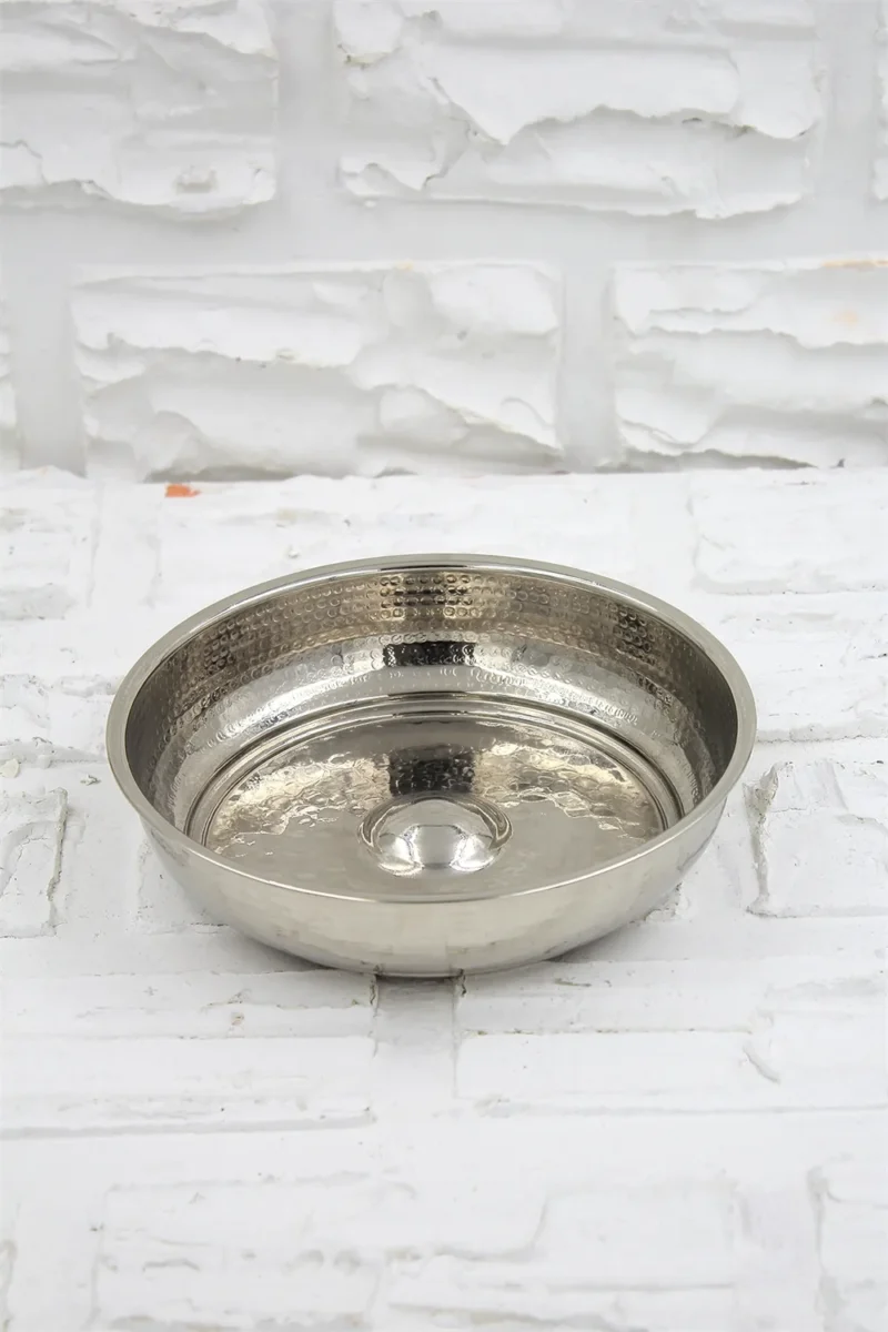 El yapımı bakır hamam tası — Kurnacı Hamam Tası 16 cm El Dövme Nikel — detay — BakırBul