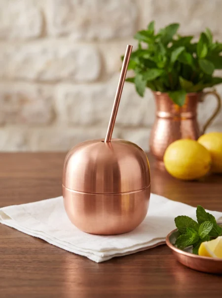 El yapımı bakır ürün — Bakır Apple Cocktail Pipetli Düz 250 ml Kırmızı — soğuk içecek servisi — BakırBul