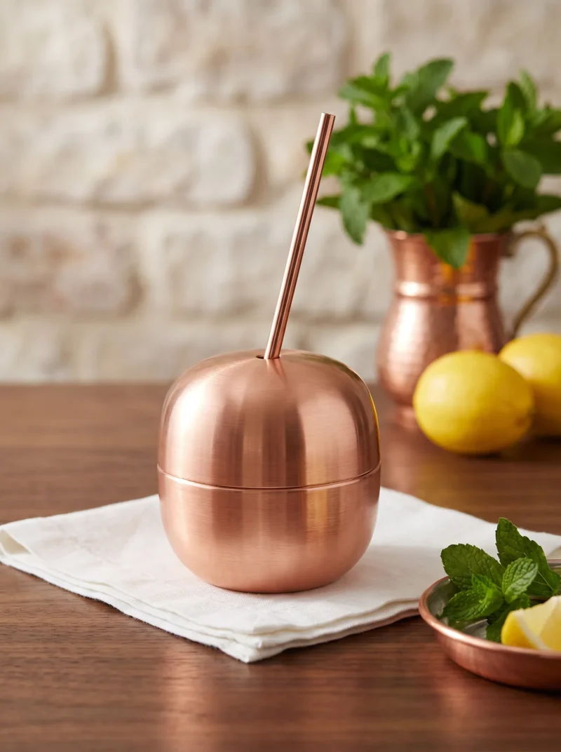 El yapımı bakır ürün — Bakır Apple Cocktail Pipetli Düz 250 ml Kırmızı — soğuk içecek servisi — BakırBul