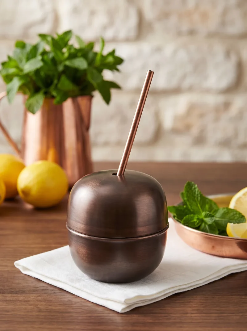 El yapımı bakır ürün — Bakır Apple Cocktail Pipetli Düz 250 ml Oksit — soğuk içecek servisi — BakırBul