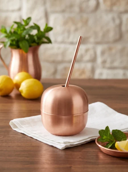 El yapımı bakır ürün — Bakır Apple Cocktail Pipetli Düz 250 ml Skoç — soğuk içecek servisi — BakırBul