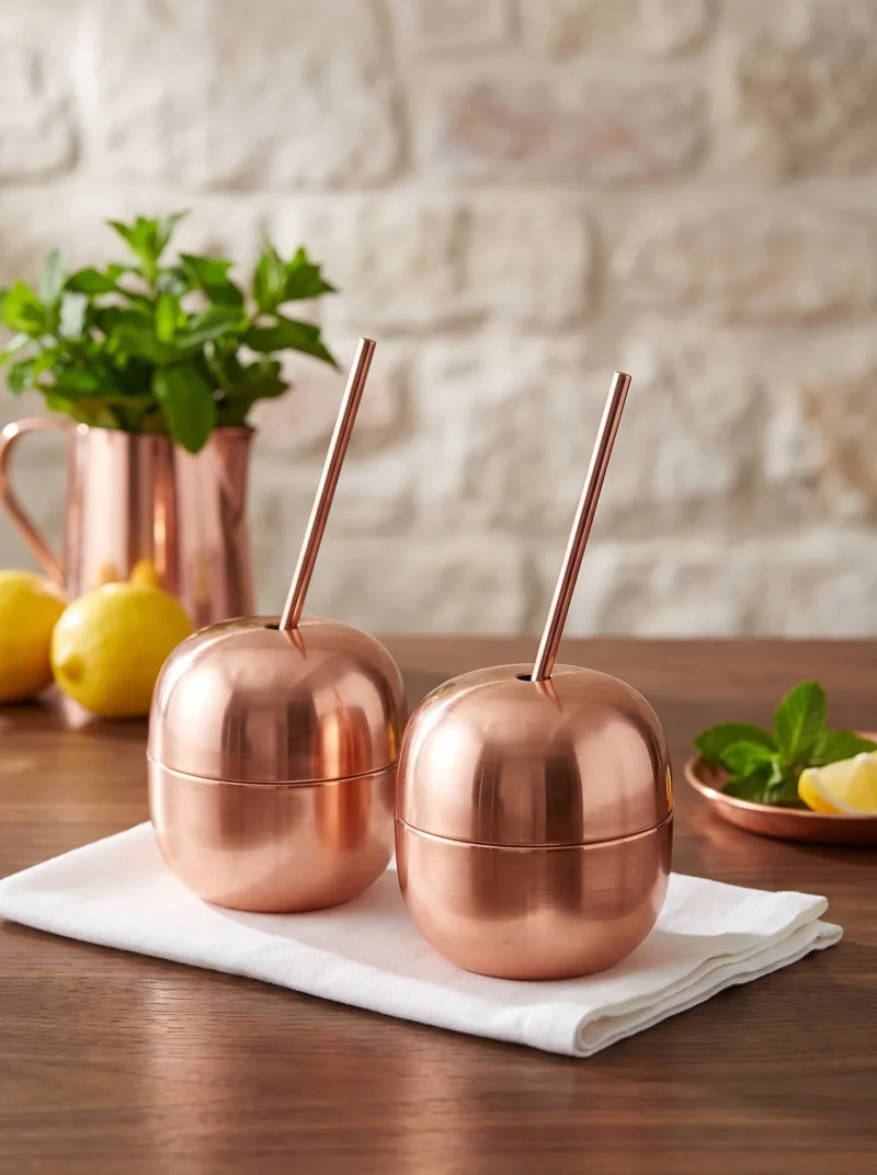 El yapımı bakır ürün — Bakır Apple Cocktail Pipetli Düz 250 ml 2'li Takım Kırmızı — soğuk içecek servisi — BakırBul