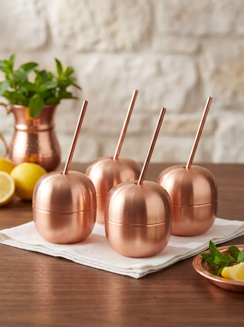 El yapımı bakır ürün — Bakır Apple Cocktail Pipetli Düz 250 ml 4'lü Takım Kırmızı — soğuk içecek servisi — BakırBul