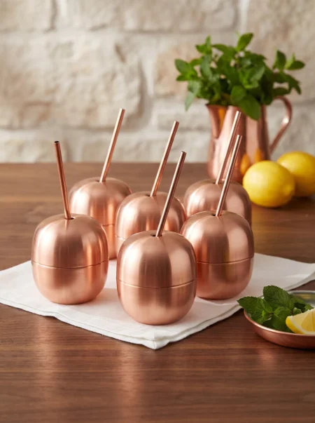 El yapımı bakır ürün — Bakır Apple Cocktail Pipetli Düz 250 ml 6'lı Takım Kırmızı — soğuk içecek servisi — BakırBul