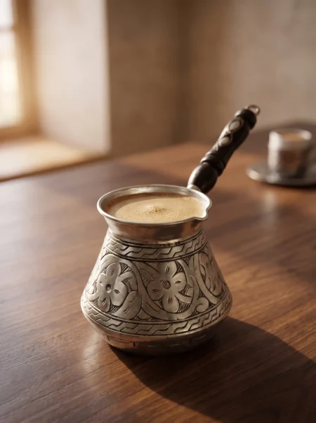 El yapımı bakır cezve — Elit Külhan Bakır Cezve 3 No 7 Fincan Oyma İşleme Kalay — Türk kahvesi pişirme ve servisi — BakırBul