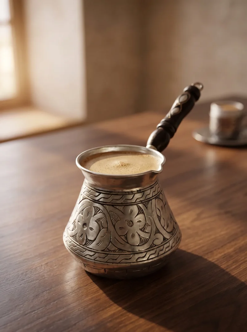 El yapımı bakır cezve — Elit Külhan Bakır Cezve 3 No 7 Fincan Oyma İşleme Kalay — Türk kahvesi pişirme ve servisi — BakırBul