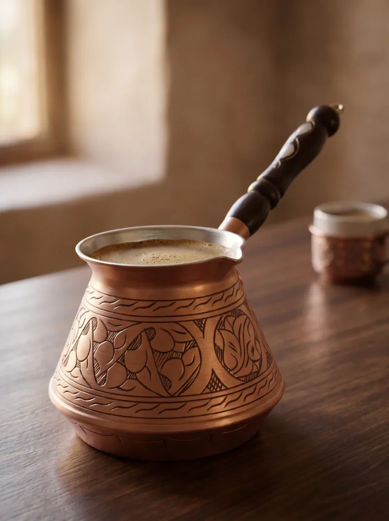 El yapımı bakır cezve — Elit Külhan Bakır Cezve 3 No 7 Fincan Oyma İşleme Skoç — Türk kahvesi pişirme ve servisi — BakırBul