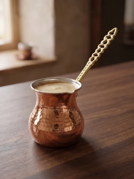El yapımı bakır cezve — Eylül Bakır Cezve 2 No 3 Fincan Makine Dövme Kırmızı — Türk kahvesi pişirme ve servisi — BakırBul