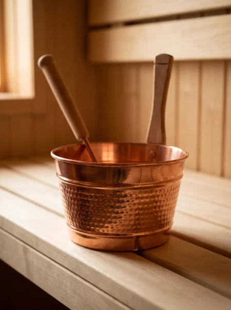 El yapımı bakır kova — Bakır Göçek Sauna Kovası Kepçeli Takım Makine Dövme Kırmızı — sauna ve banyo kullanımı — BakırBul