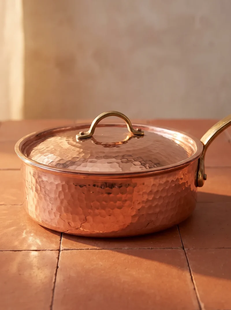 El yapımı bakır tencere — Karnıyarık Bakır Tencere Tek Kulp 9 No 32 cm El Dövme Kırmızı — yemek pişirme ve sofrada servis — BakırBul