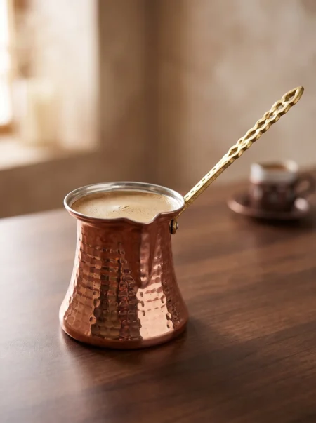 El yapımı bakır cezve — Kervan Bakır Cezve 3 No İnce 3 Fincan Makine Dövme Kırmızı — Türk kahvesi pişirme ve servisi — BakırBul