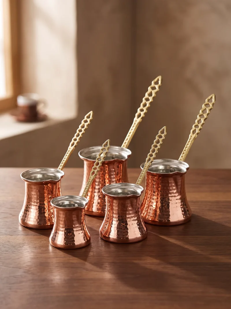 kervan-cezve-5-li-takim-kalin-makine-dovme-kirmizi-bb1222-1-sahne-1 El yapımı bakır cezve — Kervan Bakır Cezve 5'li Takım Kalın Makine Dövme Kırmızı — Türk kahvesi pişirme ve servisi — BakırBul