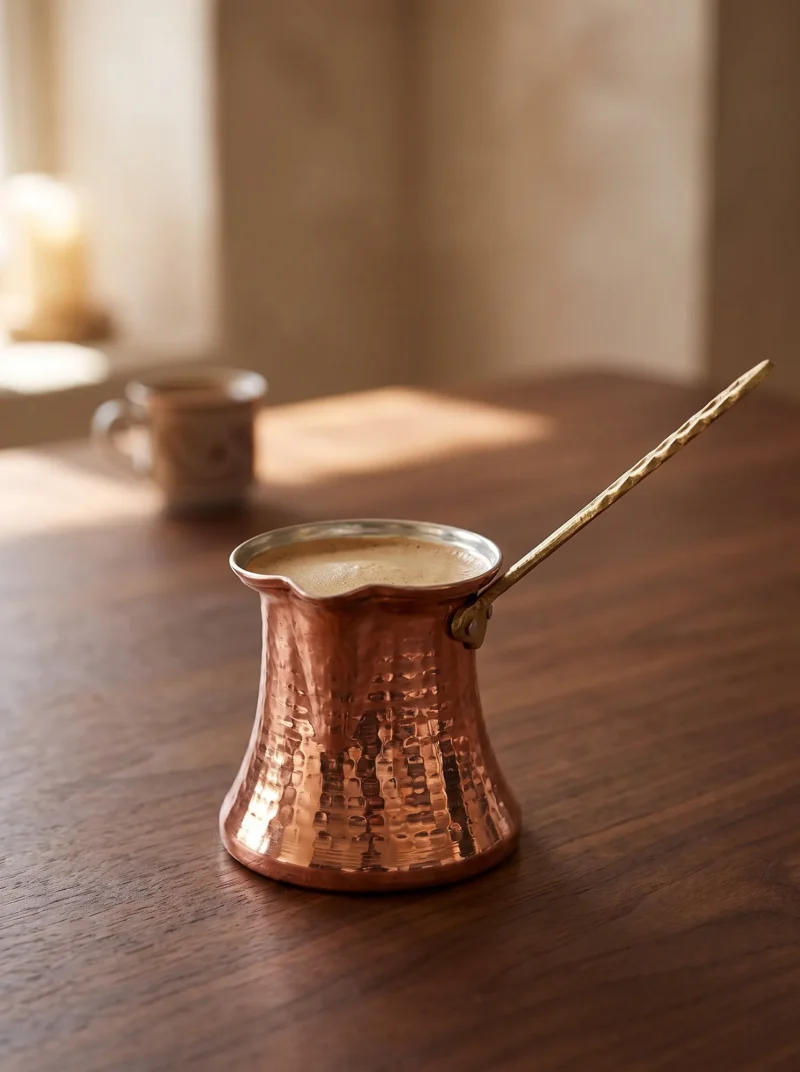 El yapımı bakır cezve — Kervan Bakır Cezve 5 No İnce 5 Fincan Makine Dövme Kırmızı — Türk kahvesi pişirme ve servisi — BakırBul