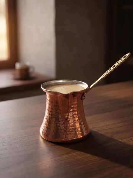 El yapımı bakır cezve — Kervan Bakır Cezve 6 No İnce 6 Fincan Makine Dövme Kırmızı — Türk kahvesi pişirme ve servisi — BakırBul