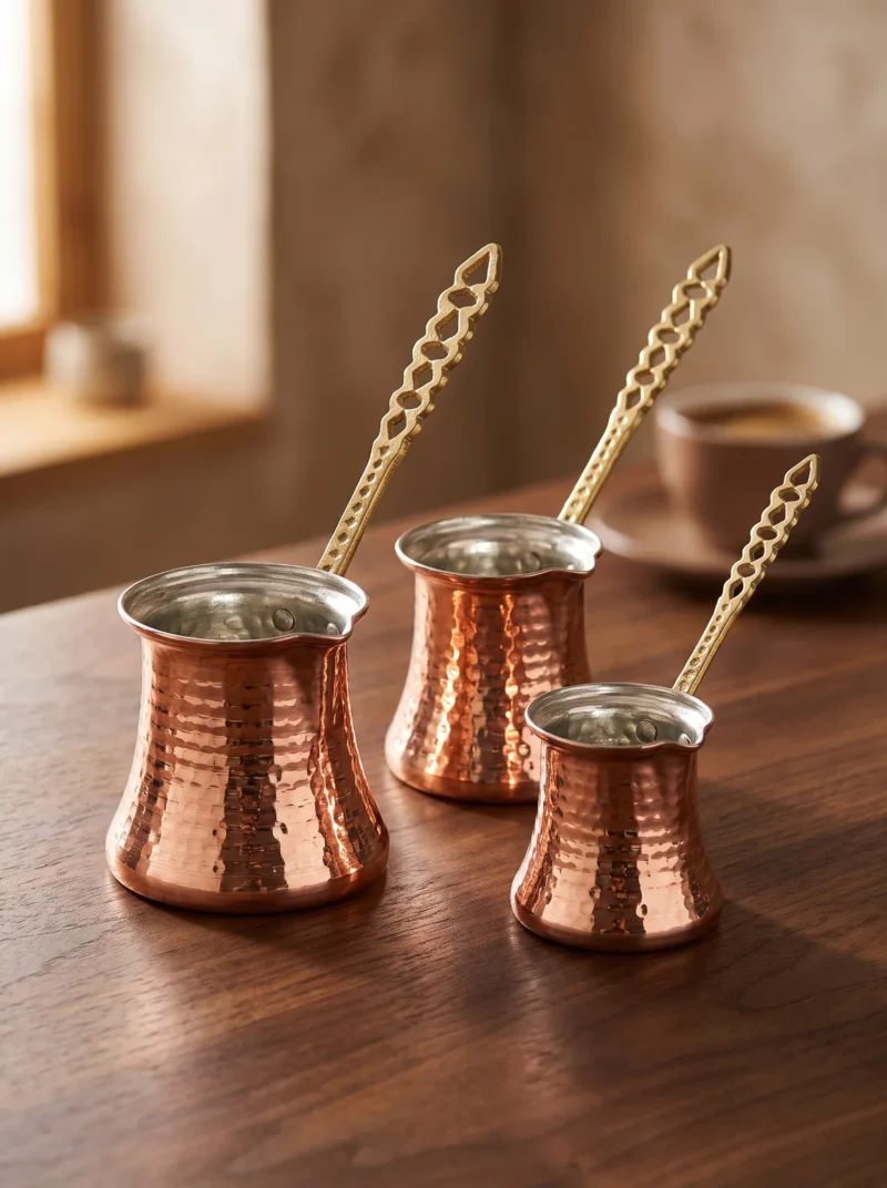 kervan-cezve-buyuk-3-lu-takim-4-5-6-no-ince-makine-dovme-kirmizi-bb1234-1-sahne-1 El yapımı bakır cezve — Kervan Bakır Cezve Büyük 3'lü Takım 4-5-6 No İnce Makine Dövme Kırmızı — Türk kahvesi pişirme ve servisi — BakırBul
