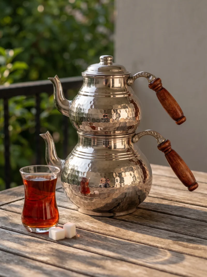 El yapımı bakır çaydanlık — Klasik Bakır Çaydanlık 2 No Kalın El Dövme Nikel — çay demleme ve servis — BakırBul