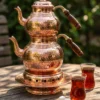 El yapımı bakır çaydanlık — Klasik Bakır Çaydanlık 3 No Isıtıcılı Takım El Dövme Kırmızı — çay demleme ve servis — BakırBul