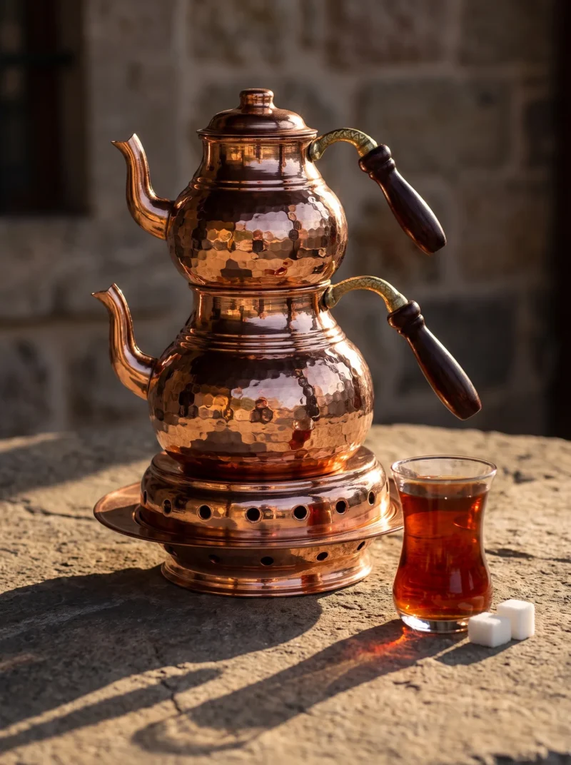 El yapımı bakır çaydanlık — Klasik Bakır Çaydanlık Isıtıcılı Takım 2 No Kalın El Dövme Kırmızı — çay demleme ve servis — BakırBul