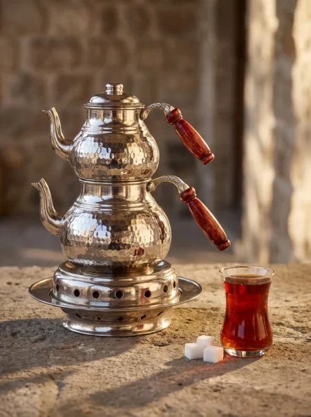 klasik-caydanlik-isiticili-takim-2-no-kalin-el-dovme-nikel-bb1956-2-sahne-1 El yapımı bakır çaydanlık — Klasik Bakır Çaydanlık Isıtıcılı Takım 2 No Kalın El Dövme Nikel — çay demleme ve servis — BakırBul
