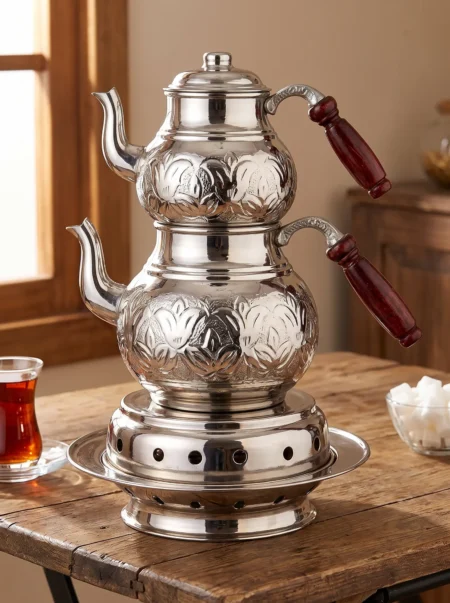 El yapımı bakır çaydanlık — Klasik Bakır Çaydanlık Isıtıcılı Takım 2 No Kalın El İşleme Nikel — çay demleme ve servis — BakırBul
