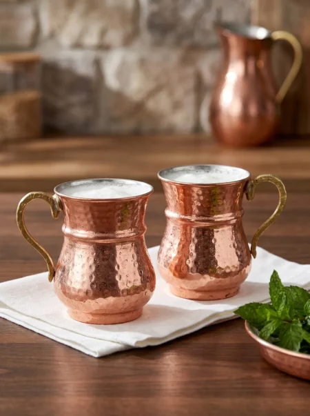 El yapımı bakır maşrapa — Kordonlu Bakır Maşrapa Makine Dövme 250 ml 2'li Takım Kırmızı — ayran ve soğuk içecek servisi — BakırBul
