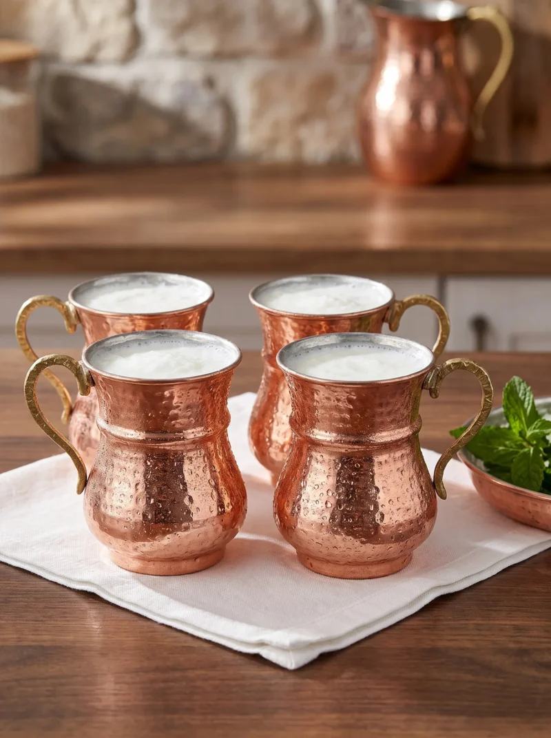 El yapımı bakır maşrapa — Kordonlu Bakır Maşrapa Makine Dövme 250 ml 4'lü Takım Kırmızı — ayran ve soğuk içecek servisi — BakırBul