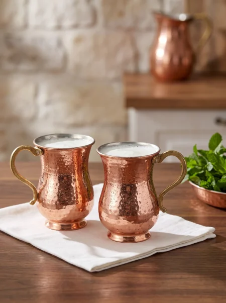 El yapımı bakır maşrapa — Kordonsuz Bakır Maşrapa El Dövme 300 ml 2'li Takım Kırmızı — ayran ve soğuk içecek servisi — BakırBul