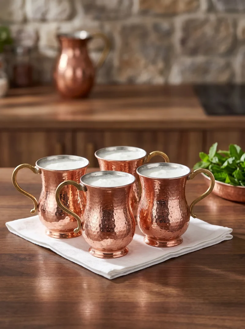 El yapımı bakır maşrapa — Kordonsuz Bakır Maşrapa El Dövme 300 ml 4'lü Takım Kırmızı — ayran ve soğuk içecek servisi — BakırBul