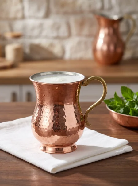 El yapımı bakır maşrapa — Kordonsuz Bakır Maşrapa El Dövme 300 ml Kırmızı — ayran ve soğuk içecek servisi — BakırBul