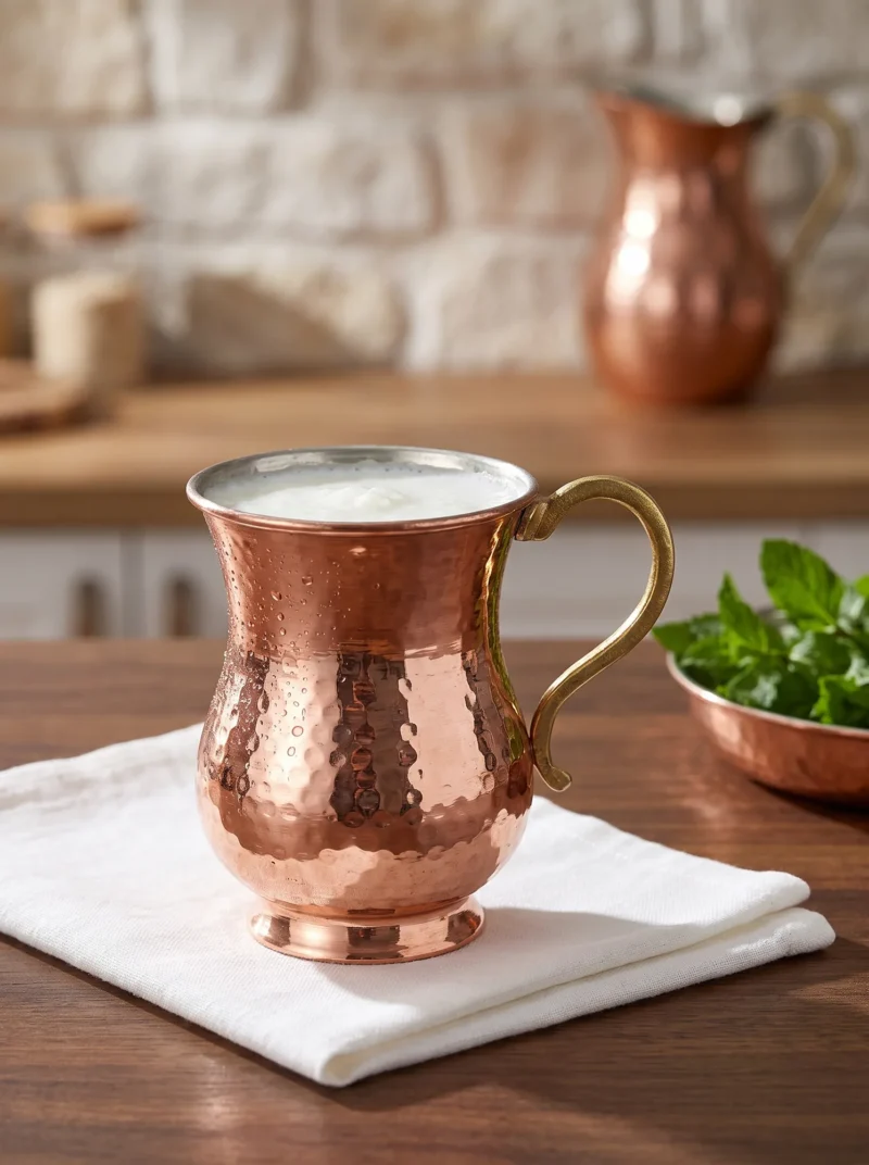 El yapımı bakır maşrapa — Kordonsuz Bakır Maşrapa El Dövme 300 ml Kırmızı — ayran ve soğuk içecek servisi — BakırBul