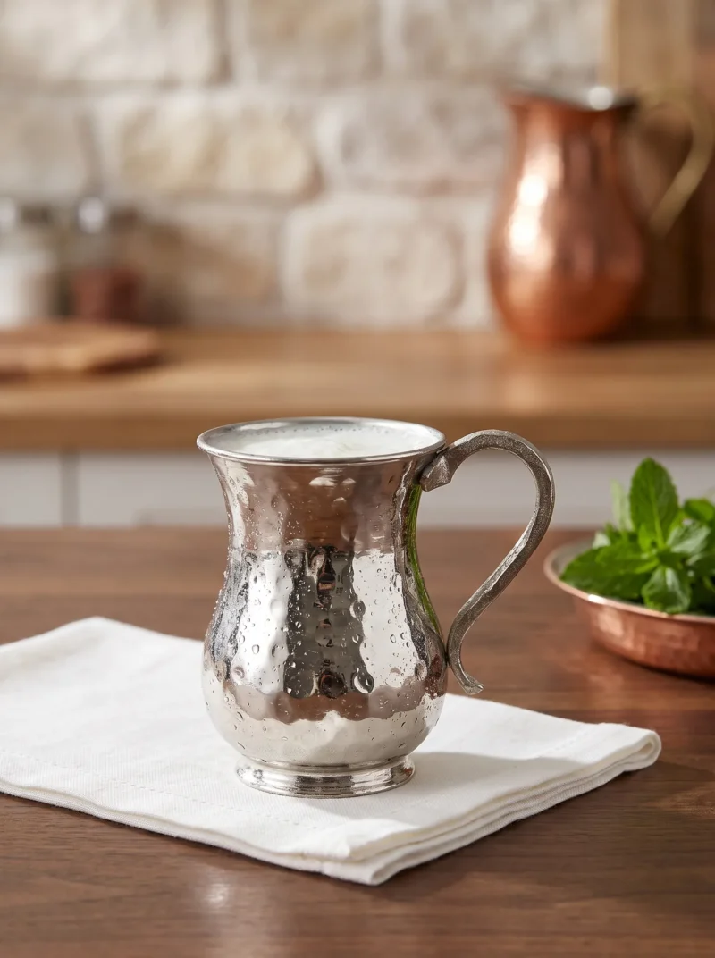 El yapımı bakır maşrapa — Kordonsuz Bakır Maşrapa El Dövme 300 ml Nikel — ayran ve soğuk içecek servisi — BakırBul