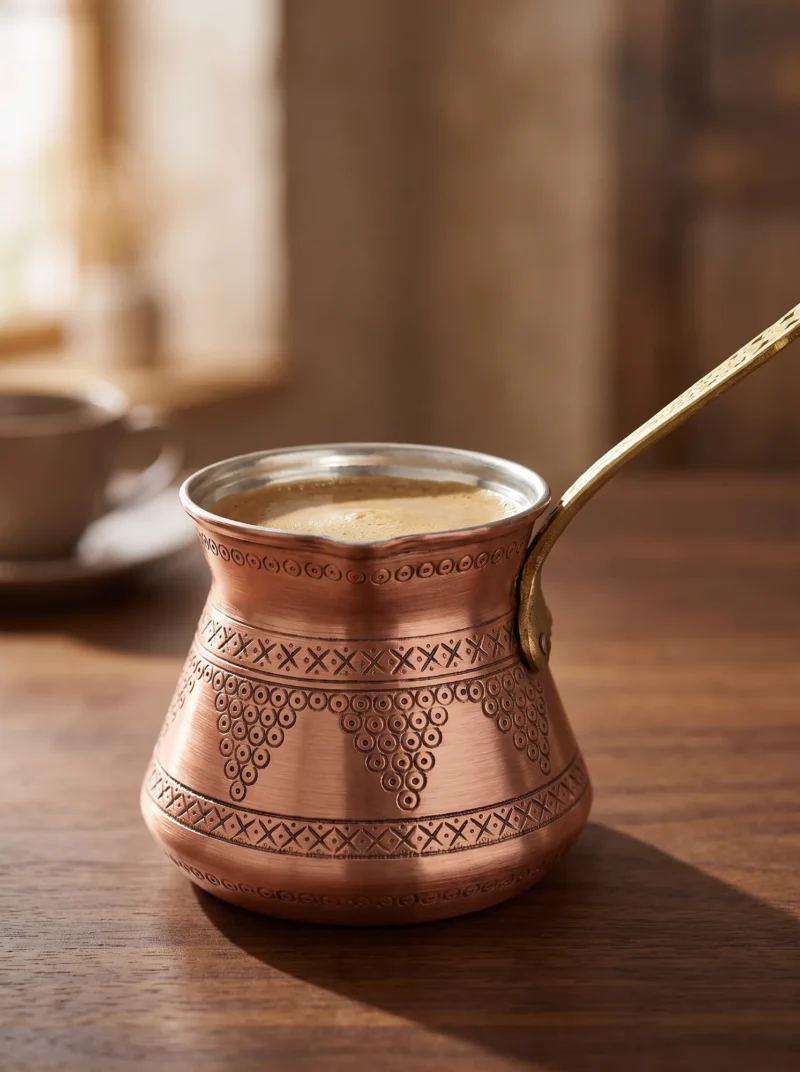 El yapımı bakır cezve — Külhan Bakır Cezve 2 No 4 Fincan Zımba İşleme Skoç — Türk kahvesi pişirme ve servisi — BakırBul