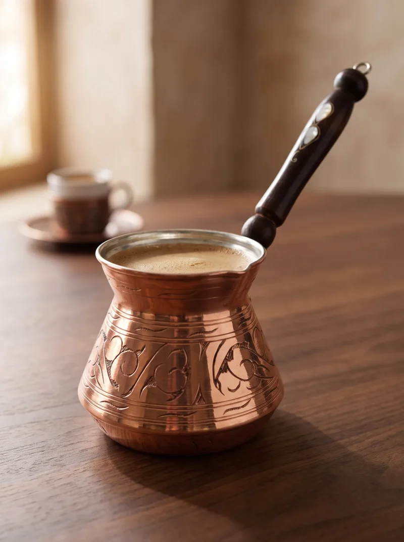 El yapımı bakır cezve — Külhan Bakır Cezve 3 No 7 Fincan Oyma İşleme Kırmızı — Türk kahvesi pişirme ve servisi — BakırBul