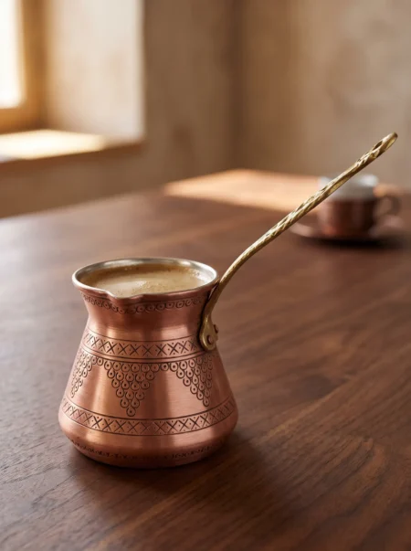El yapımı bakır cezve — Külhan Bakır Cezve 3 No 7 Fincan Zımba İşleme Skoç — Türk kahvesi pişirme ve servisi — BakırBul