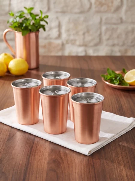 El yapımı bakır bardak — Lungo Bakır Bardak Düz 530 ml 4'lü Takım Skoç — soğuk içecek servisi — BakırBul