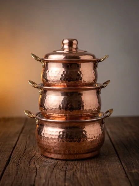 mini-guvec-sekerlik-3-lu-takim-el-dovme-kirmizi-bb5848-1-sahne-1 El yapımı bakır ürün — Mini Bakır Güveç Şekerlik 3'lü Takım El Dövme Kırmızı — sofrada şeker, kuruyemiş ve lokum sunumu — BakırBul
