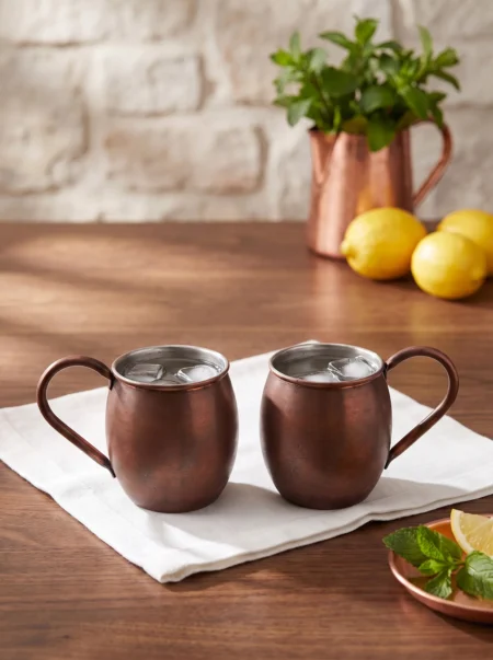 El yapımı bakır bardak — Moscow Mule Bakır Bardak Düz 500 ml 2'li Takım Oksit — soğuk içecek servisi — BakırBul