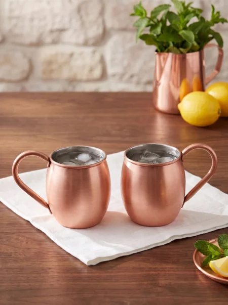 El yapımı bakır bardak — Moscow Mule Bakır Bardak Düz 500 ml 2'li Takım Skoç — soğuk içecek servisi — BakırBul