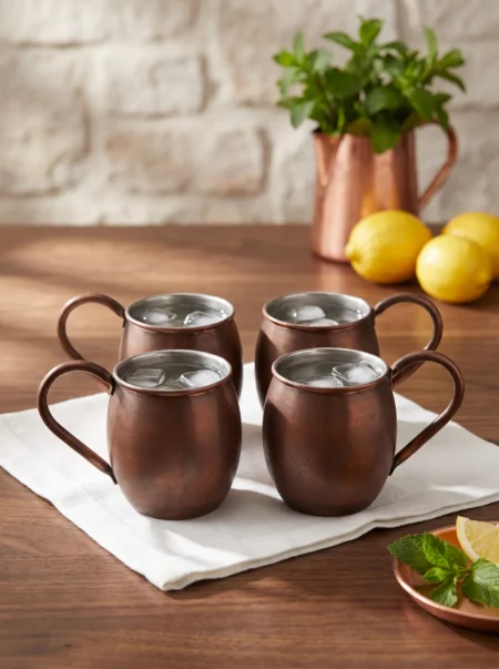 El yapımı bakır bardak — Moscow Mule Bakır Bardak Düz 500 ml 4'lü Takım Oksit — soğuk içecek servisi — BakırBul