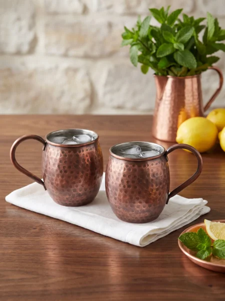 El yapımı bakır bardak — Moscow Mule Bakır Bardak El Dövme 500 ml 2'li Takım Oksit — soğuk içecek servisi — BakırBul