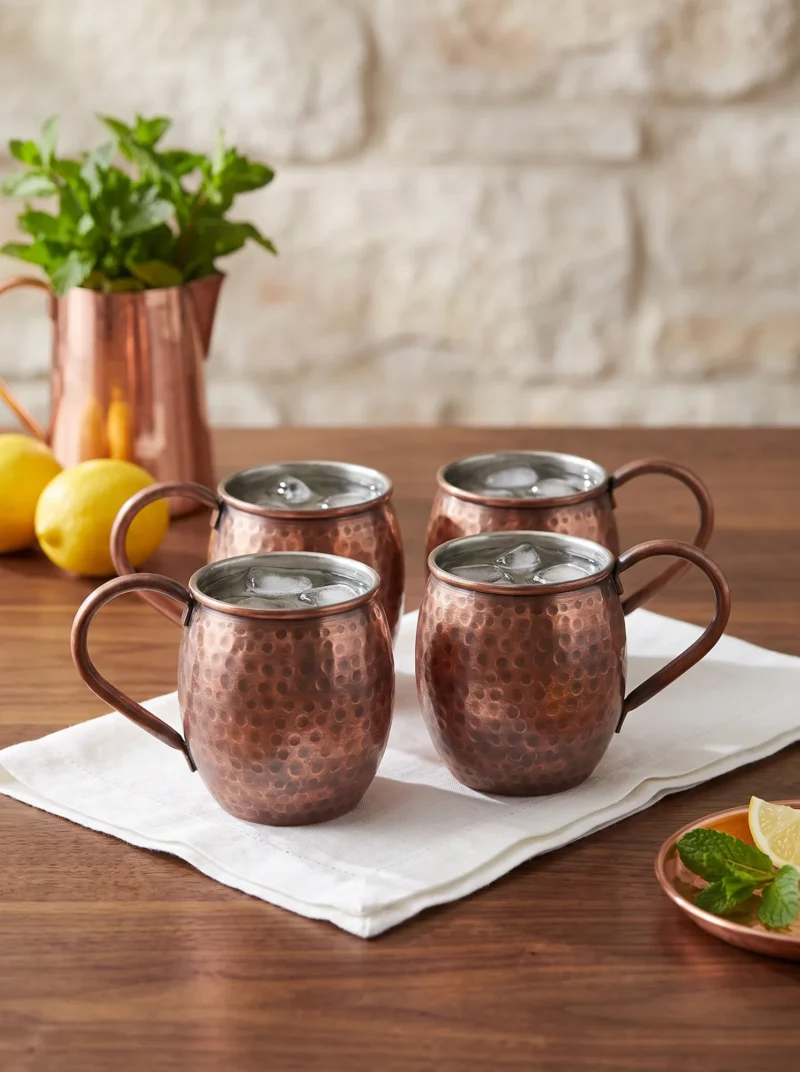 El yapımı bakır bardak — Moscow Mule Bakır Bardak El Dövme 500 ml 4'lü Takım Oksit — soğuk içecek servisi — BakırBul