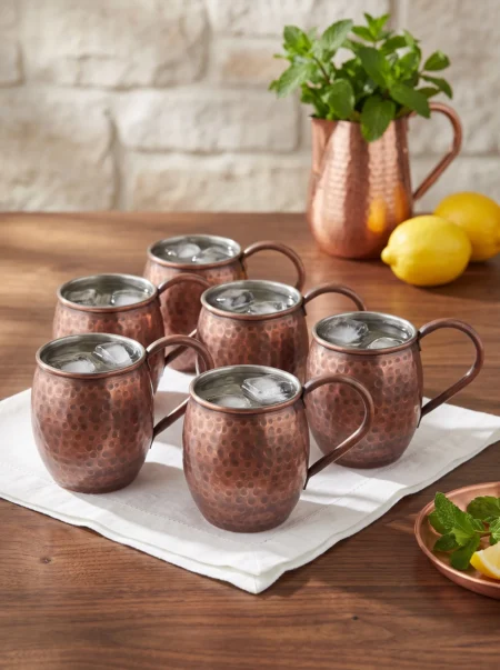 El yapımı bakır bardak — Moscow Mule Bakır Bardak El Dövme 500 ml 6'lı Takım Oksit — soğuk içecek servisi — BakırBul