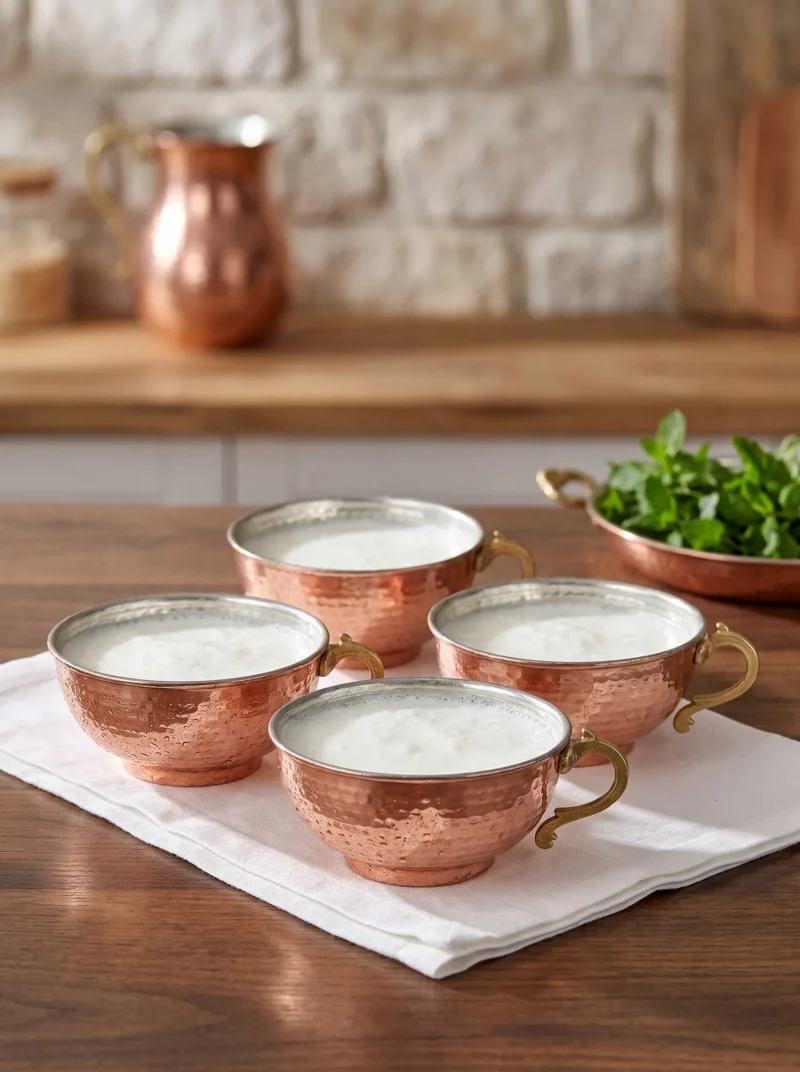 El yapımı bakır ürün — Pınarbaşı Bakır Ayran Tası Makine Dövme 500 ml 4'lü Takım Kırmızı — ayran servisi — BakırBul