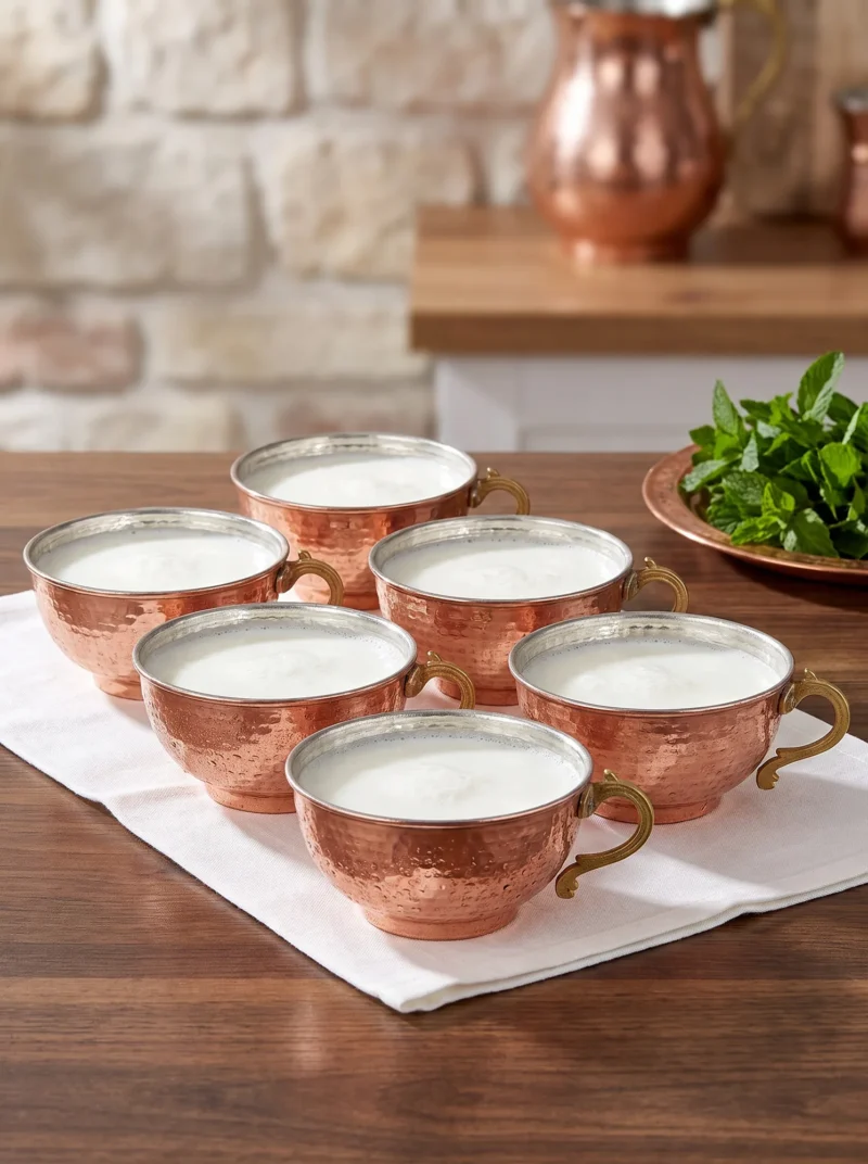 El yapımı bakır ürün — Pınarbaşı Bakır Ayran Tası Makine Dövme 500 ml 6'lı Takım Kırmızı — ayran servisi — BakırBul