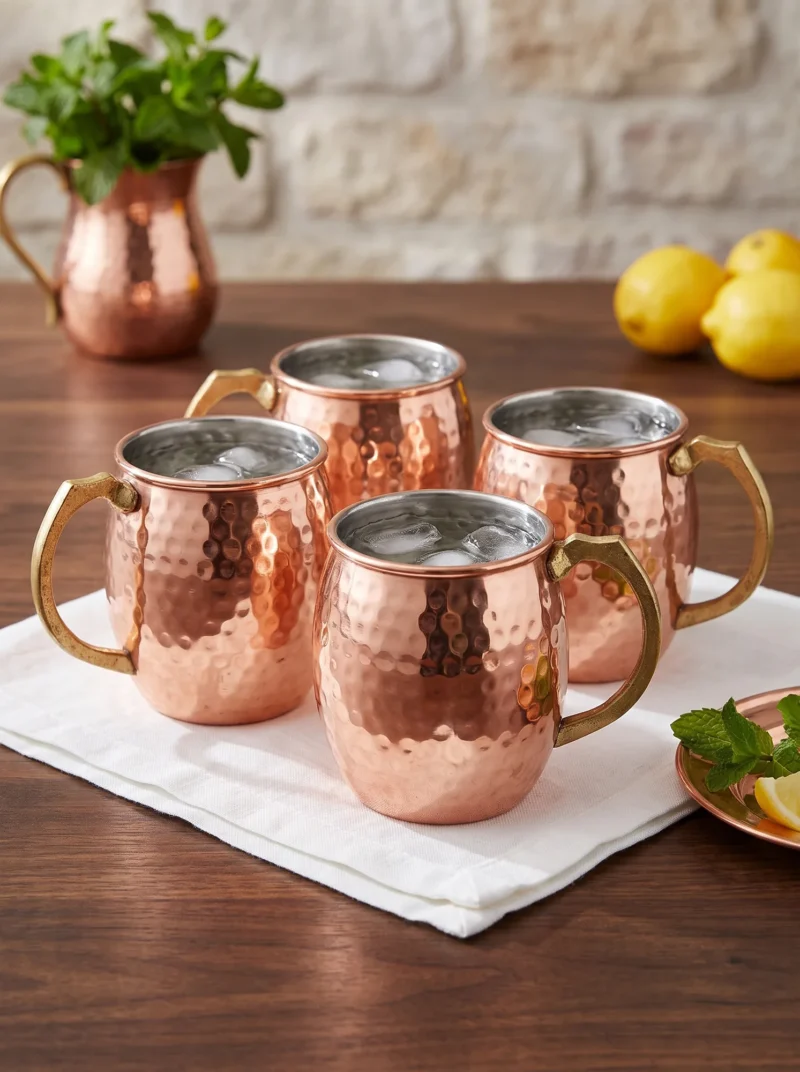 El yapımı bakır bardak — Riva Bakır Bardak El Dövme 550 ml 4'lü Takım Kırmızı — soğuk içecek servisi — BakırBul