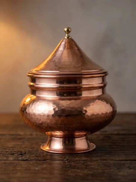 rumeli-sekerlik-el-dovme-kirmizi-bb5751-1-sahne-1 El yapımı bakır ürün — Rumeli Bakır Şekerlik El Dövme Kırmızı — sofrada şeker ve lokum sunumu — BakırBul