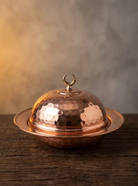 saka-yuvarlak-lokumluk-11-cm-el-dovme-kirmizi-bb5809-1-sahne-1 El yapımı bakır ürün — Bakır Saka Yuvarlak Lokumluk 11 cm El Dövme Kırmızı — sofrada lokum ve tatlı sunumu — BakırBul